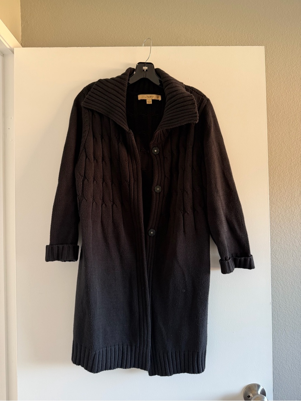 Long Black Knit Trench Coat with Shawl Collar